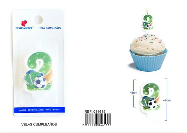 Vela de cumpleaños número 2 de fútbol verde con balón y estrellas