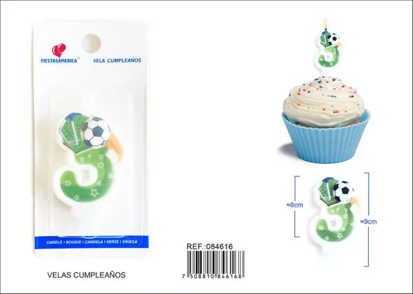 Vela de cumpleaños número 3 de fútbol verde con balón y estrellas