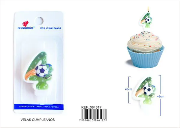 Vela de cumpleaños número 4 de fútbol verde con balón y estrellas