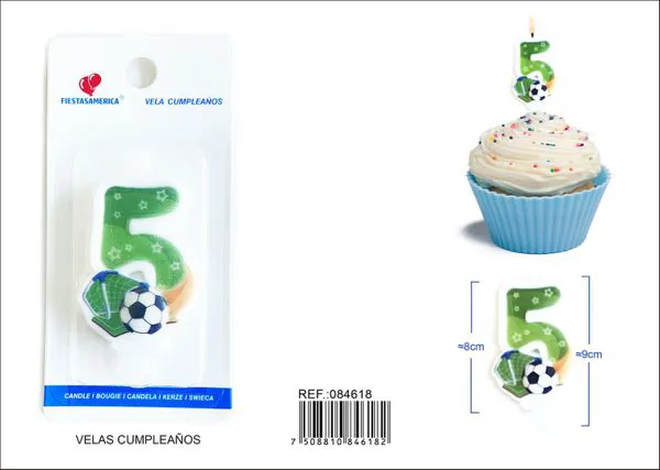 Vela de cumpleaños número 5 de fútbol verde con balón y estrellas