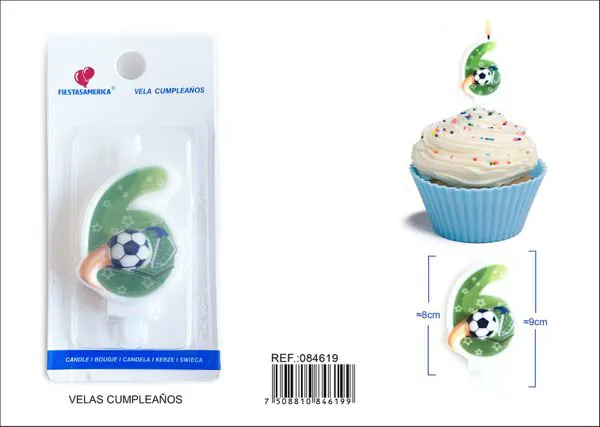 Vela de cumpleaños número 6 de fútbol verde con balón y estrellas