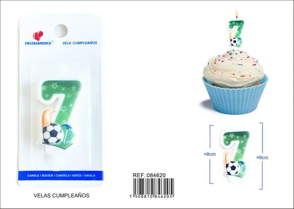 Vela de cumpleaños número 7 de fútbol verde con balón y estrellas