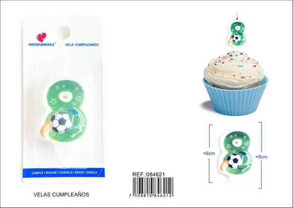 Vela de cumpleaños número 8 de fútbol verde con balón y estrellas