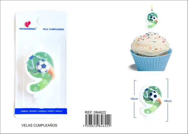 Vela de cumpleaños número 9 de fútbol verde con balón y estrellas