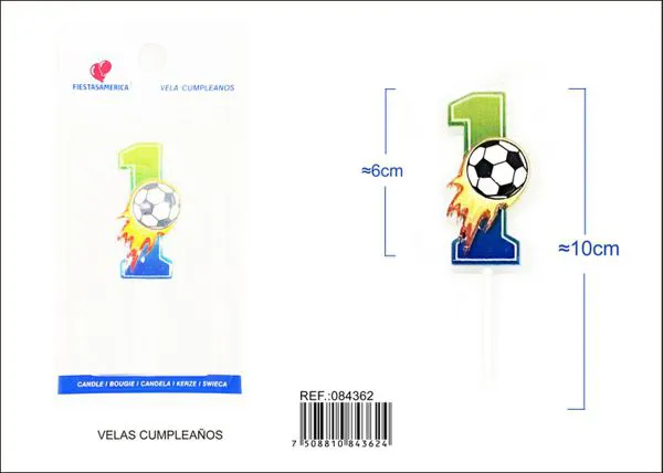 Vela de cumpleaños número 1 de fútbol con balón en llamas