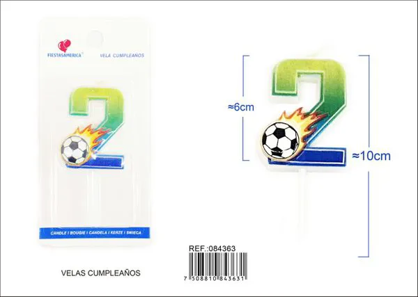 Vela de cumpleaños número 2 de fútbol con balón en llamas