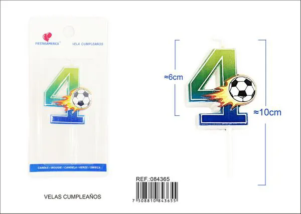 Vela de cumpleaños número 4 de fútbol con balón en llamas