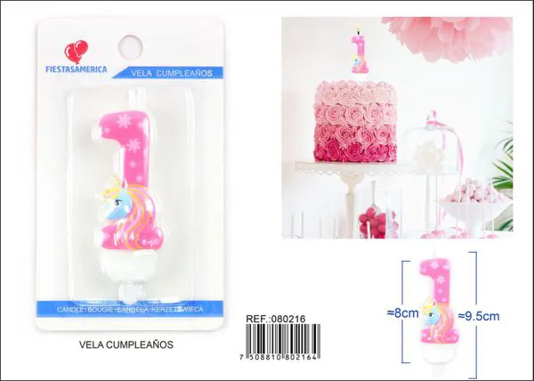 Vela de cumpleaños número 1 de unicornio rosa