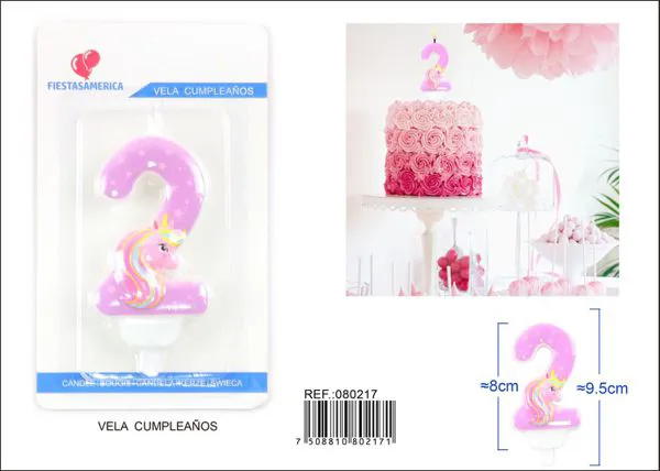 Vela de cumpleaños número 2 de unicornio rosa