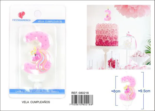 Vela de cumpleaños número 3 de unicornio rosa
