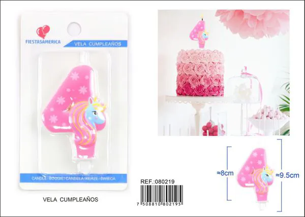 Vela de cumpleaños número 4 de unicornio rosa