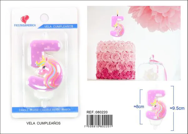 Vela de cumpleaños número 5 de unicornio rosa