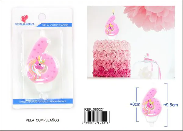 Vela de cumpleaños número 6 de unicornio rosa