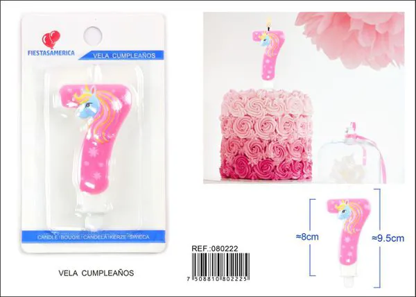 Vela de cumpleaños número 7 de unicornio rosa
