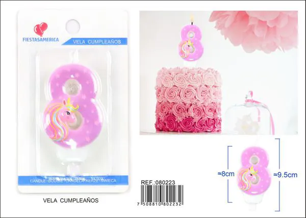 Vela de cumpleaños número 8 de unicornio rosa