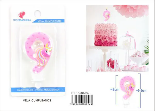Vela de cumpleaños número 9 de unicornio rosa