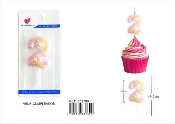 Vela de cumpleaños número 2 de unicornio rosa