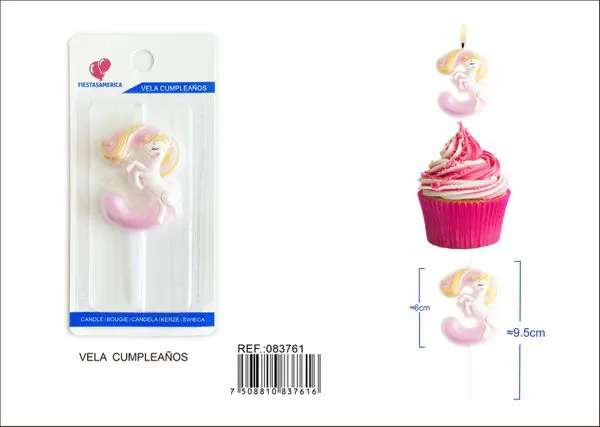 Vela de cumpleaños número 3 de unicornio rosa