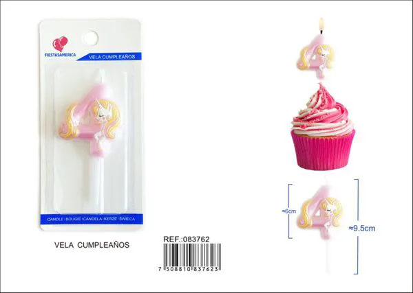 Vela de cumpleaños número 4 de unicornio rosa