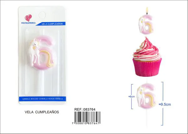 Vela de cumpleaños número 6 de unicornio rosa