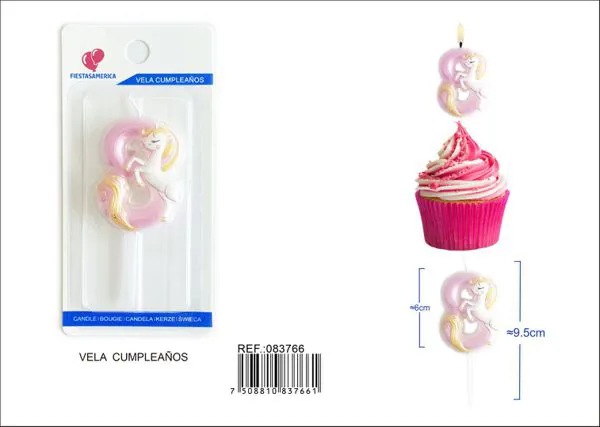 Vela de cumpleaños número 8 de unicornio rosa
