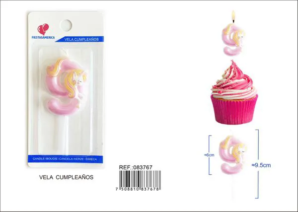 Vela de cumpleaños número 9 de unicornio rosa