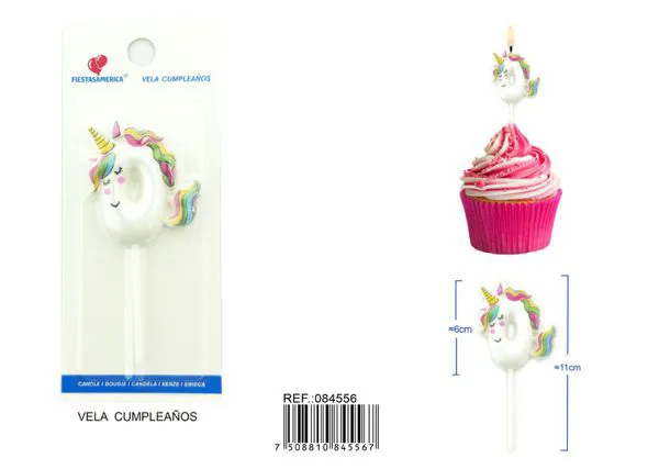 Vela de cumpleaños número 0 de unicornio con arcoíris