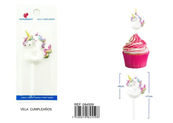 Vela de cumpleaños número 3 de unicornio con arcoíris