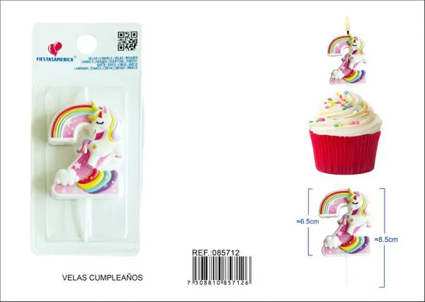 Vela de cumpleaños número 2 de unicornio con arcoíris