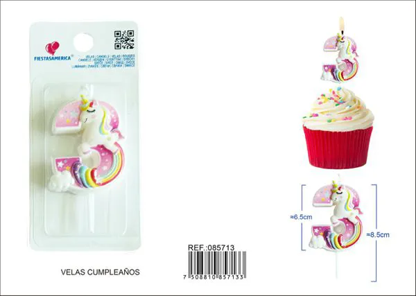 Vela de cumpleaños número 3 de unicornio con arcoíris