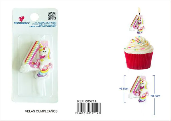 Vela de cumpleaños número 4 de unicornio con arcoíris