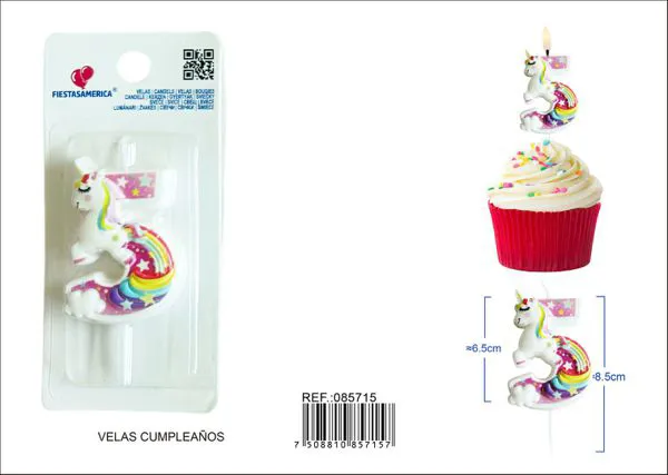 Vela de cumpleaños número 5 de unicornio con arcoíris