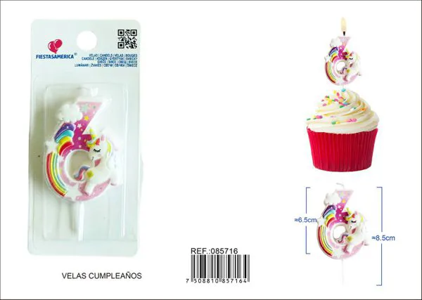 Vela de cumpleaños número 6 de unicornio con arcoíris