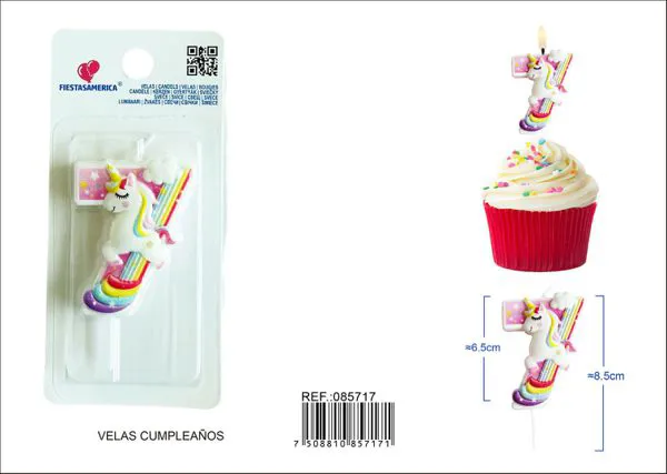 Vela de cumpleaños número 7 de unicornio con arcoíris