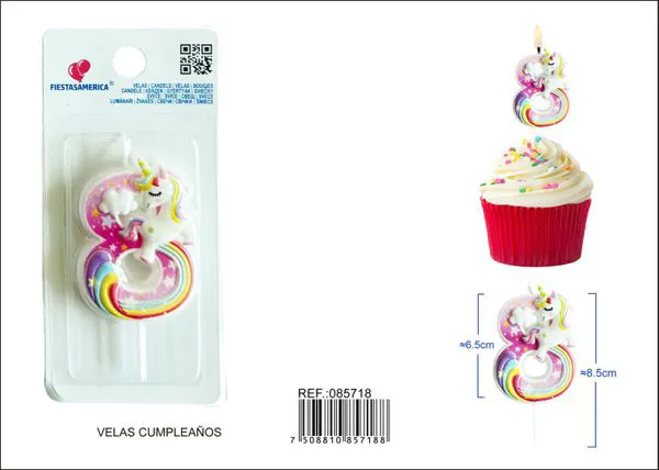 Vela de cumpleaños número 8 de unicornio con arcoíris
