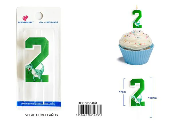 Vela de cumpleaños número 2 de dinosaurio verde