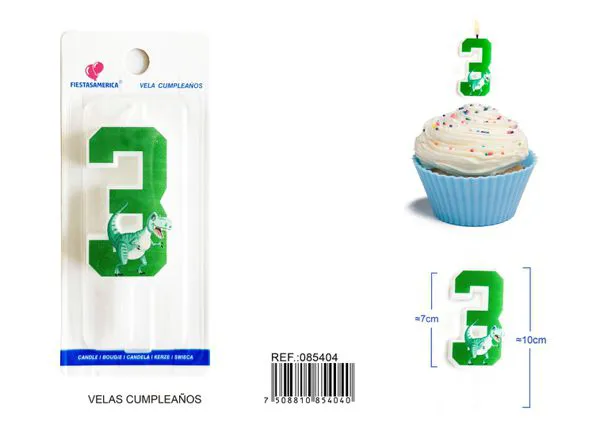 Vela de cumpleaños número 3 de dinosaurio verde