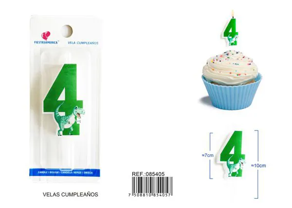 Vela de cumpleaños número 4 de dinosaurio verde