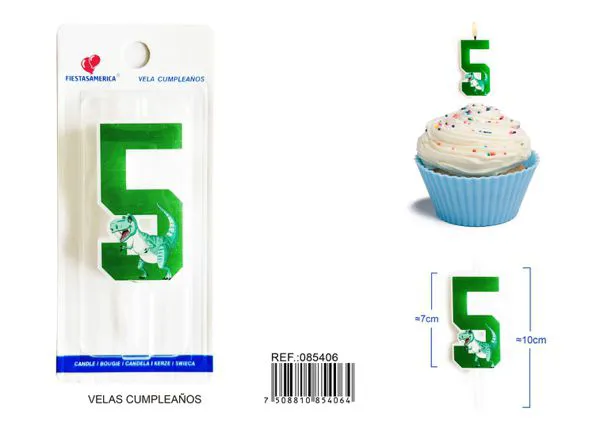 Vela de cumpleaños número 5 de dinosaurio verde