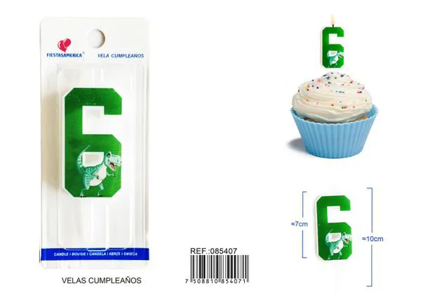 Vela de cumpleaños número 6 de dinosaurio verde