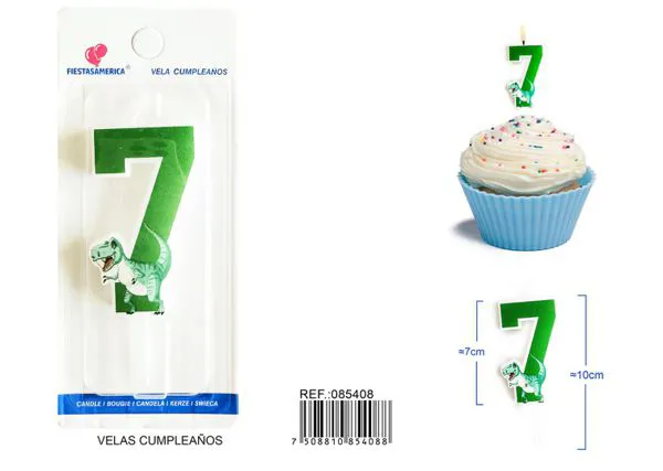 Vela de cumpleaños número 7 de dinosaurio verde