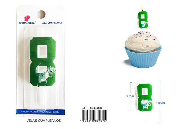 Vela de cumpleaños número 8 de dinosaurio verde