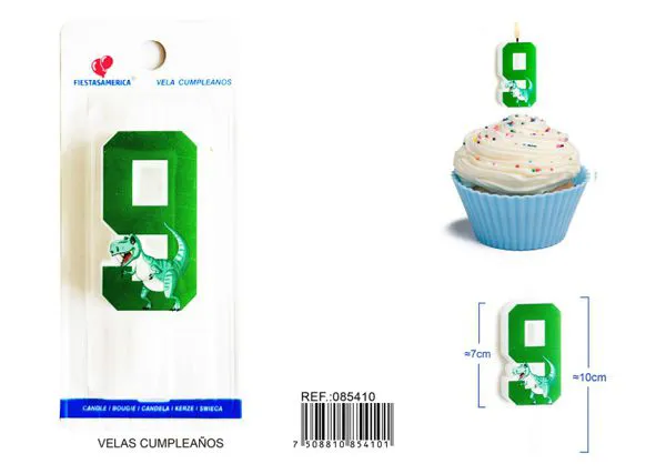 Vela de cumpleaños número 9 de dinosaurio verde