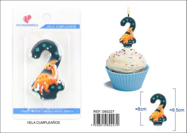 Vela de cumpleaños número 2 de dinosaurio verde turquesa