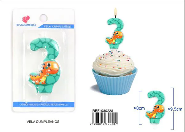 Vela de cumpleaños número 3 de dinosaurio verde turquesa