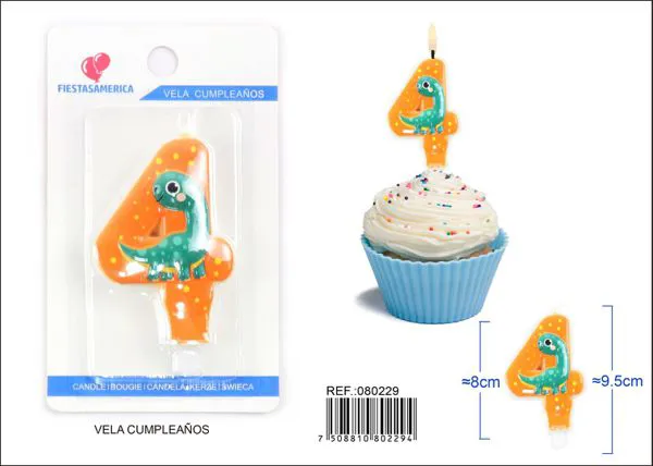 Vela de cumpleaños número 4 de dinosaurio verde turquesa