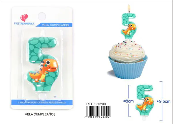 Vela de cumpleaños número 5 de dinosaurio verde turquesa