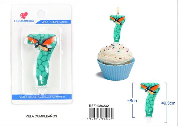 Vela de cumpleaños número 7 de dinosaurio verde turquesa