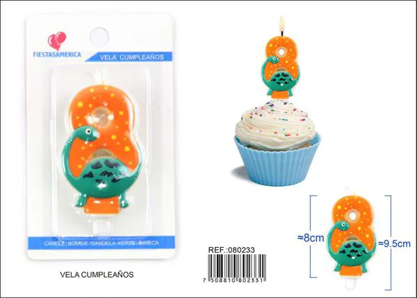 Vela de cumpleaños número 8 de dinosaurio verde turquesa