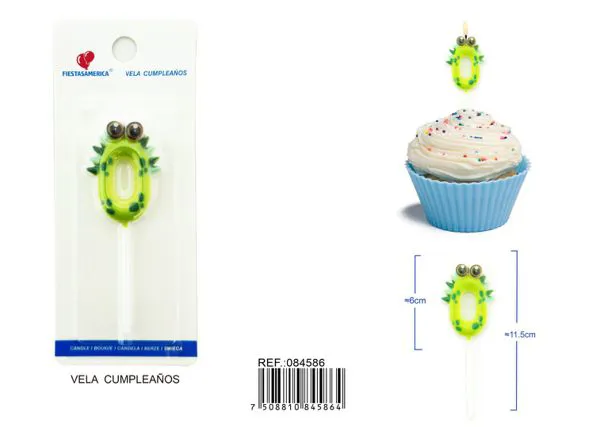 Vela de cumpleaños número 0 de dinosaurio verde